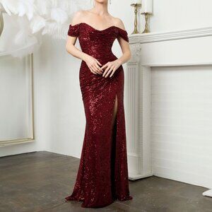 Burgundy Red Sequin Off the Shoulder Formal Prom Wedding Evening Dress 6